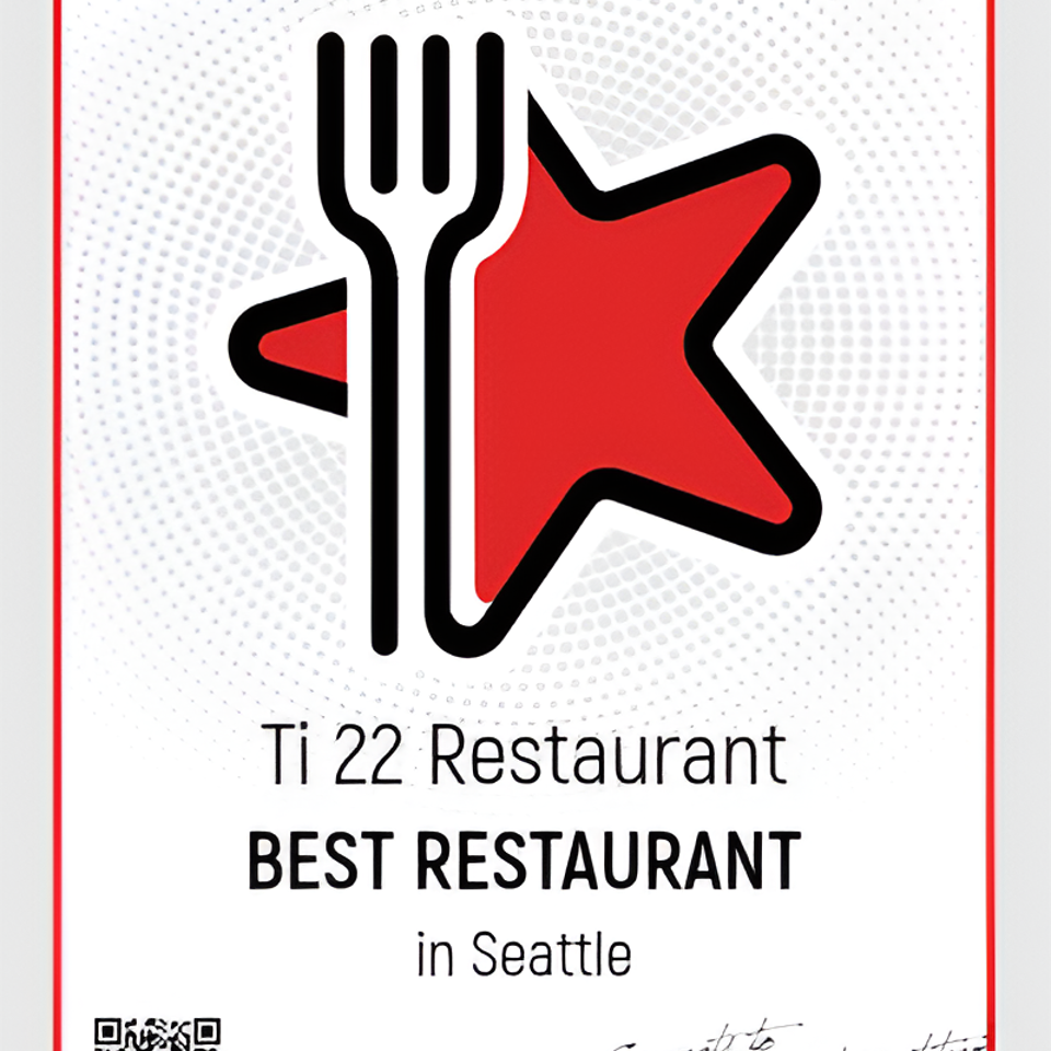 Restaurant Guru 2023 award for Ti 22 Restaurant, Best Restaurant in Seattle.